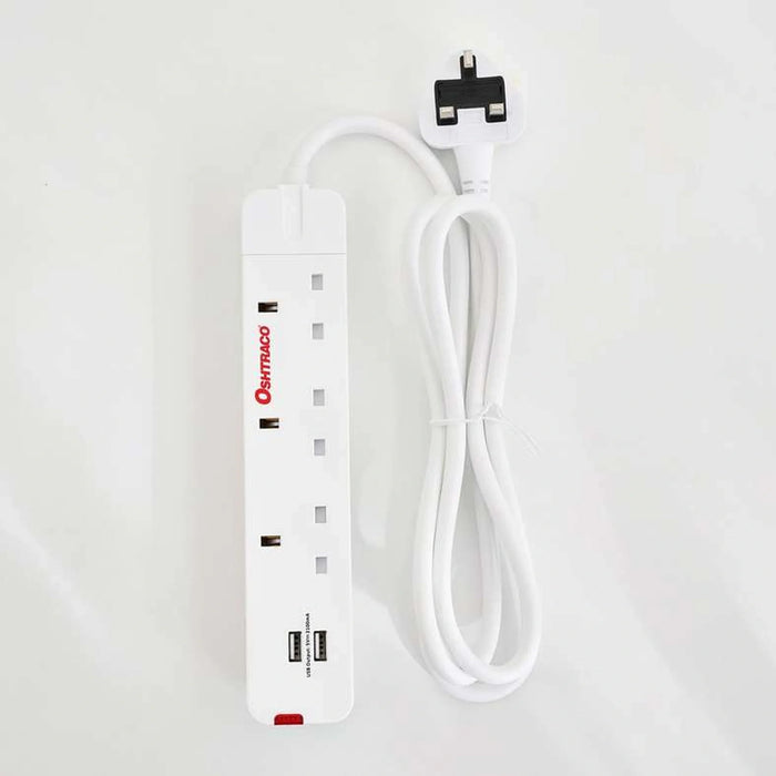 Oshtraco 3-Way Extension With 2-Usb Port 1.5M Cord 15.5X9X4.5Cm - White