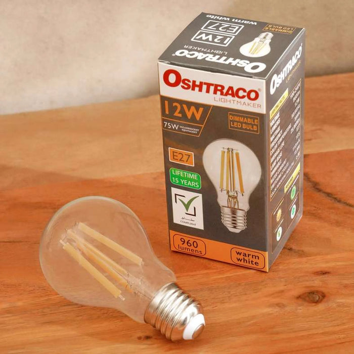 Osthraco 12W E27 A60 Dimmable Filament Bulb Warm White 6X6X12.5Cm - Clear Pan Home