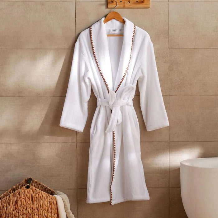 Oyster Stich Premium Turkish Cotton Shawl Collar Bathrobe -L/Xl- White/Beige Pan Home