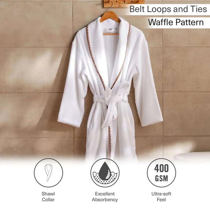Oyster Stich Premium Turkish Cotton Shawl Collar Bathrobe -L/Xl- White/Beige Pan Home