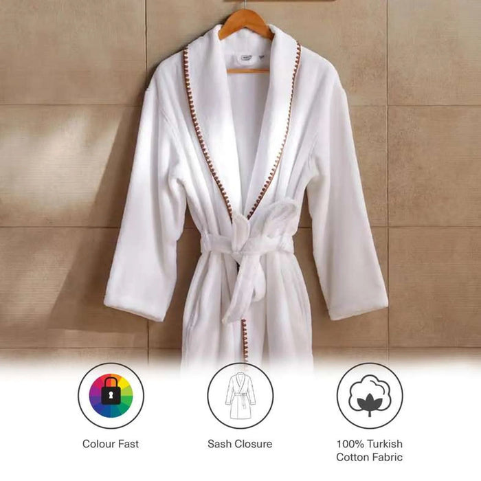 Oyster Stich Premium Turkish Cotton Shawl Collar Bathrobe -L/Xl- White/Beige Pan Home