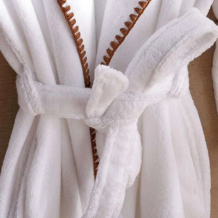 Oyster Stich Premium Turkish Cotton Shawl Collar Bathrobe -S/M- White And Beige Pan Home