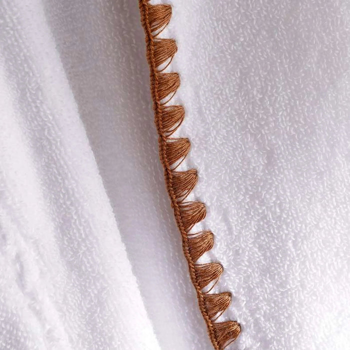 Oyster Stich Premium Turkish Cotton Shawl Collar Bathrobe -S/M- White And Beige Pan Home