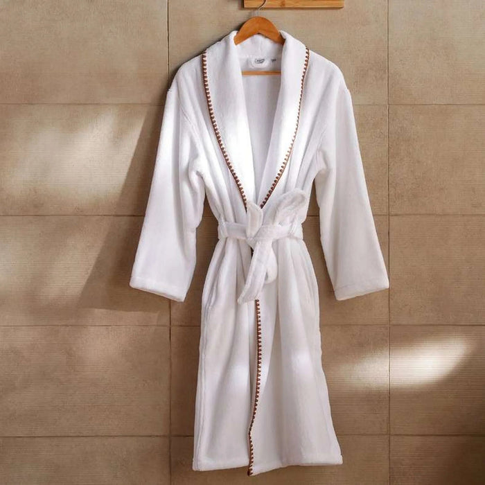 Oyster Stich Premium Turkish Cotton Shawl Collar Bathrobe -S/M- White And Beige Pan Home