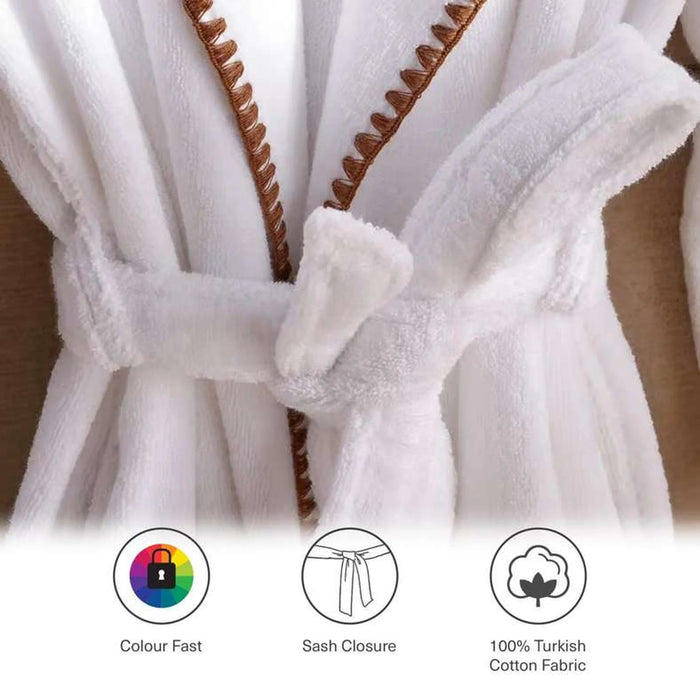 Oyster Stich Premium Turkish Cotton Shawl Collar Bathrobe -S/M- White And Beige Pan Home