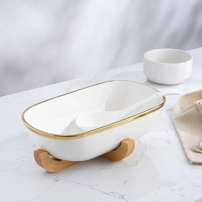Paco Oval Serving Bowl With Bamboo Base 1.8L - White