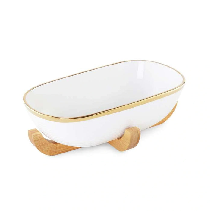 Paco Oval Serving Bowl With Bamboo Base 1.8L - White