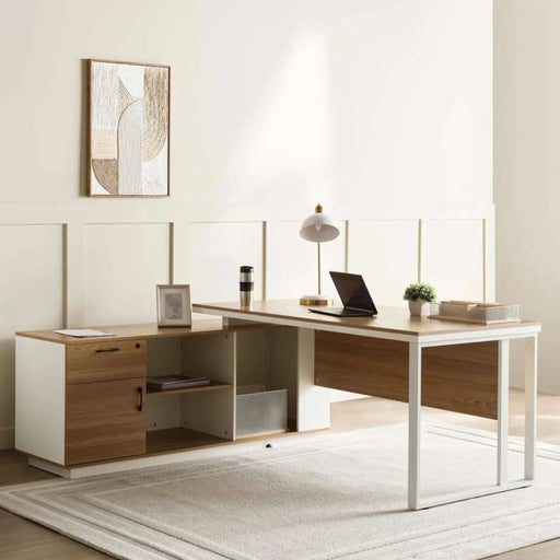 Paramus Executive Desk With Side Cabinet Melamine - Natural & White Pan Home