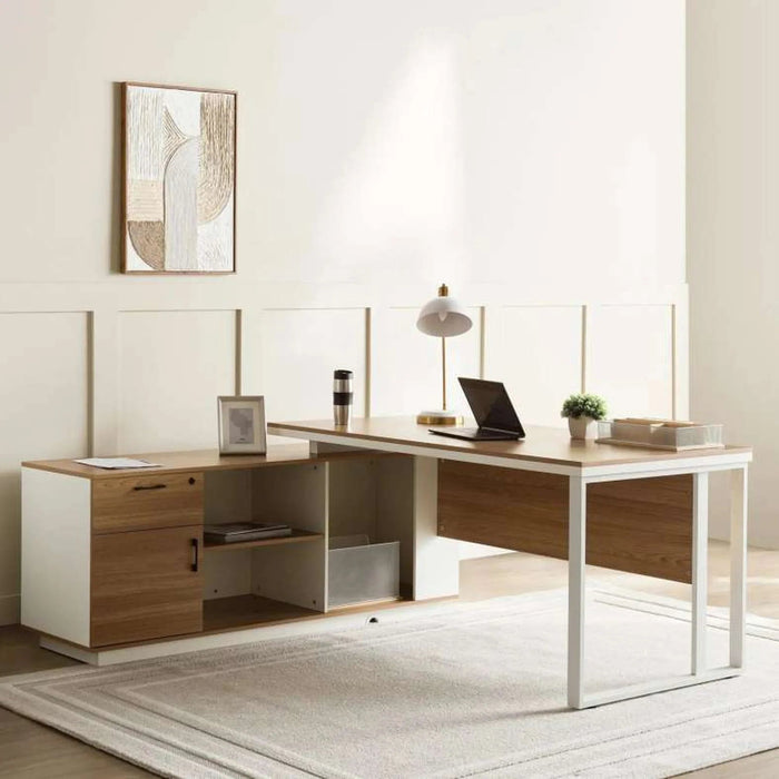 Paramus Executive Desk With Side Cabinet Melamine - Natural & White Pan Home