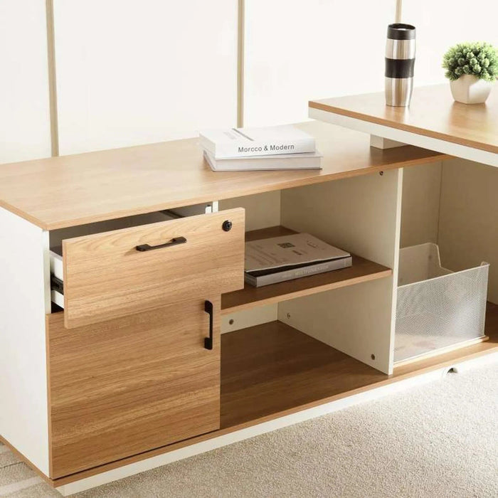 Paramus Executive Desk With Side Cabinet Melamine - Natural & White Pan Home