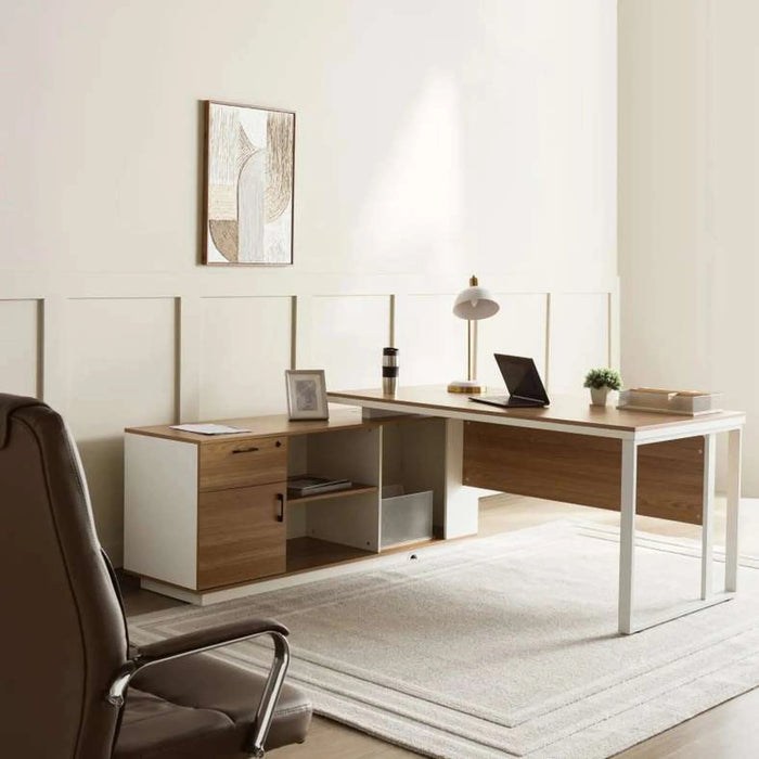 Paramus Executive Desk With Side Cabinet Melamine - Natural & White Pan Home