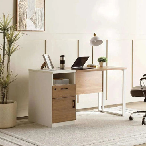 Paramus Office Desk With Side Cabinet Melamine - Natural & White Pan Home