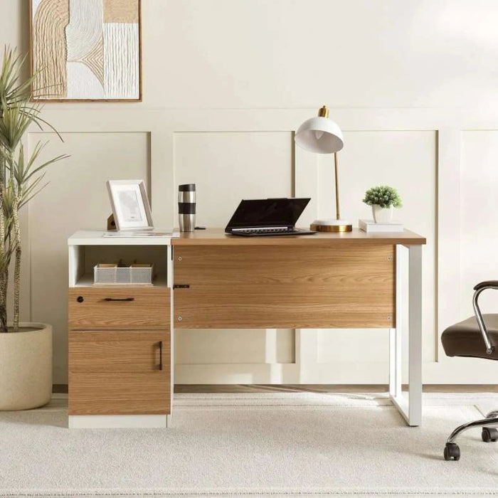 Paramus Office Desk With Side Cabinet Melamine - Natural & White Pan Home