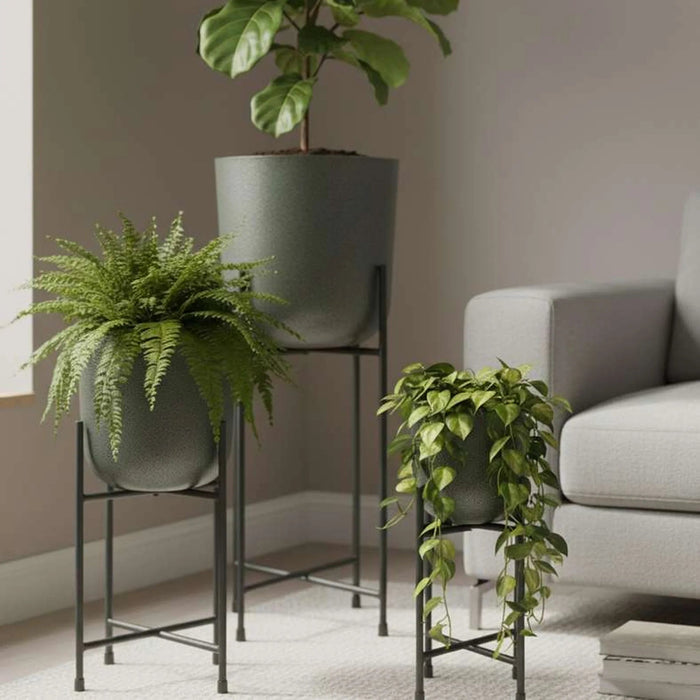 Parsley Metal Textured  Planter With Stand 28X28X71Cm - Black Pan Home