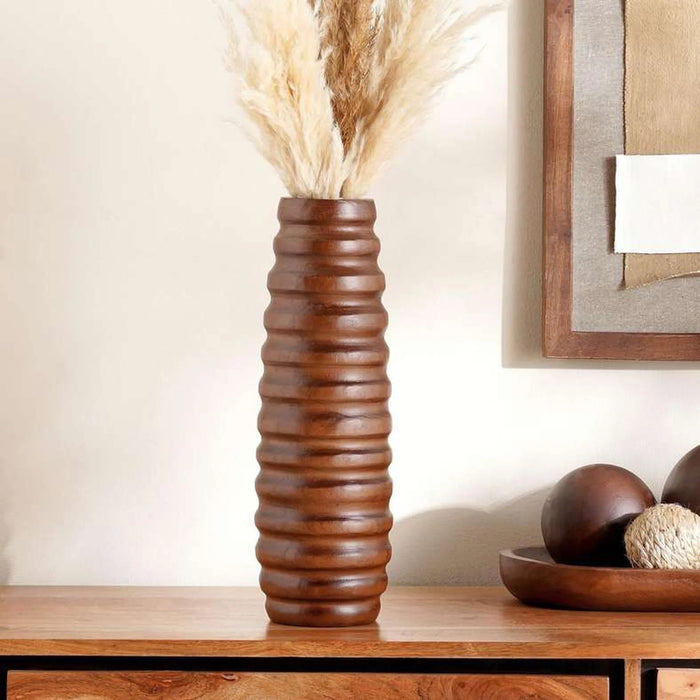 Pecan Wooden Ribbed Design Decor Vase 13X13X41Cm - Brown