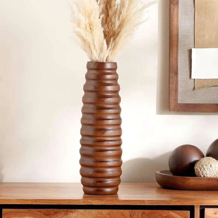 Pecan Wooden Ribbed Design Decor Vase 13X13X41Cm - Brown