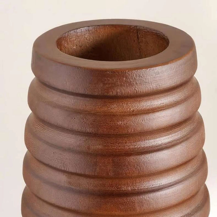 Pecan Wooden Ribbed Design Decor Vase 13X13X41Cm - Brown