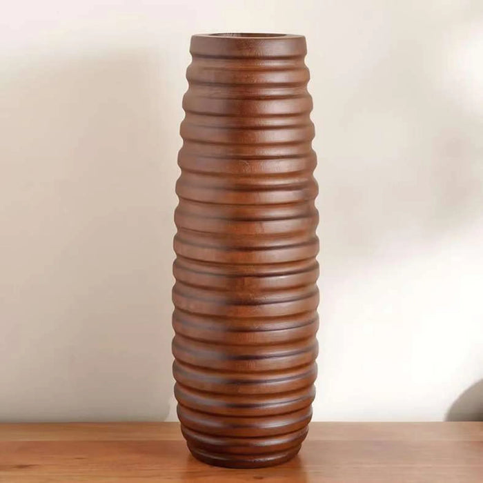 Pecan Wooden Ribbed Design Decor Vase 13X13X41Cm - Brown