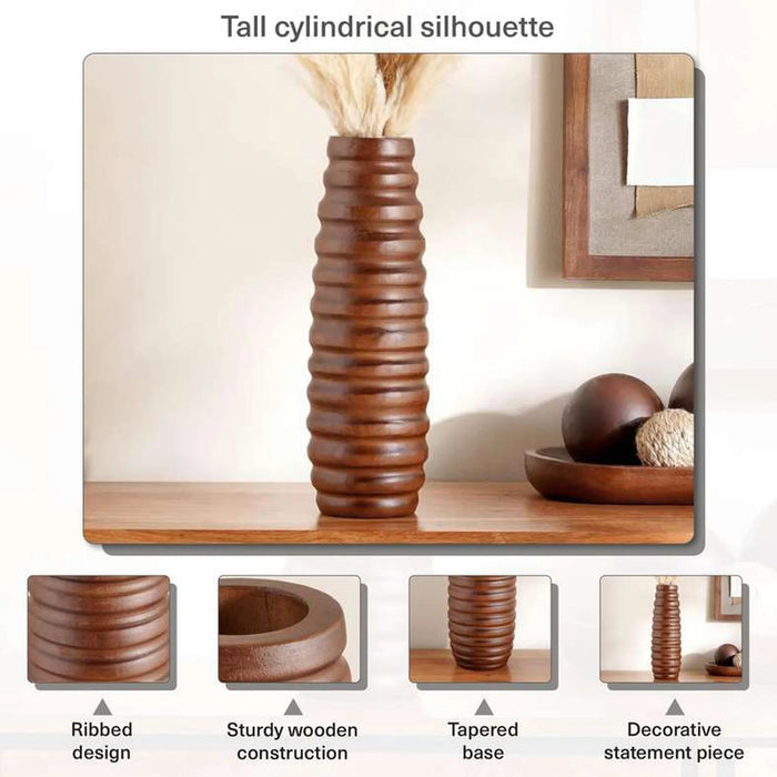 Pecan Wooden Ribbed Design Decor Vase 13X13X41Cm - Brown