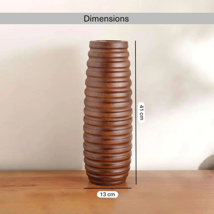Pecan Wooden Ribbed Design Decor Vase 13X13X41Cm - Brown