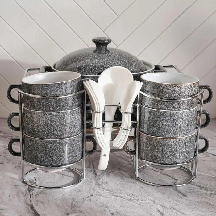 Petronella Stoneware 15-Piece Soup Set With Stand - Dark Grey Pan Home