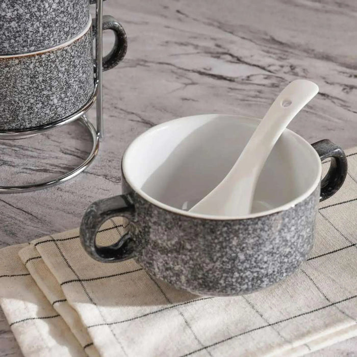 Petronella Stoneware 15-Piece Soup Set With Stand - Dark Grey Pan Home
