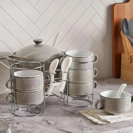 Petronella Stoneware 15-Piece Soup Set With Stand -Light Grey Pan Home
