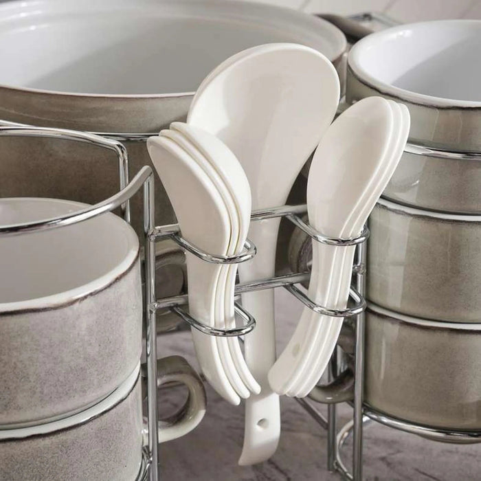 Petronella Stoneware 15-Piece Soup Set With Stand -Light Grey Pan Home