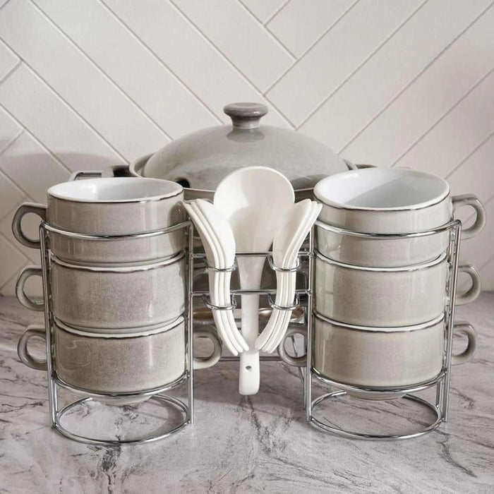 Petronella Stoneware 15-Piece Soup Set With Stand -Light Grey Pan Home