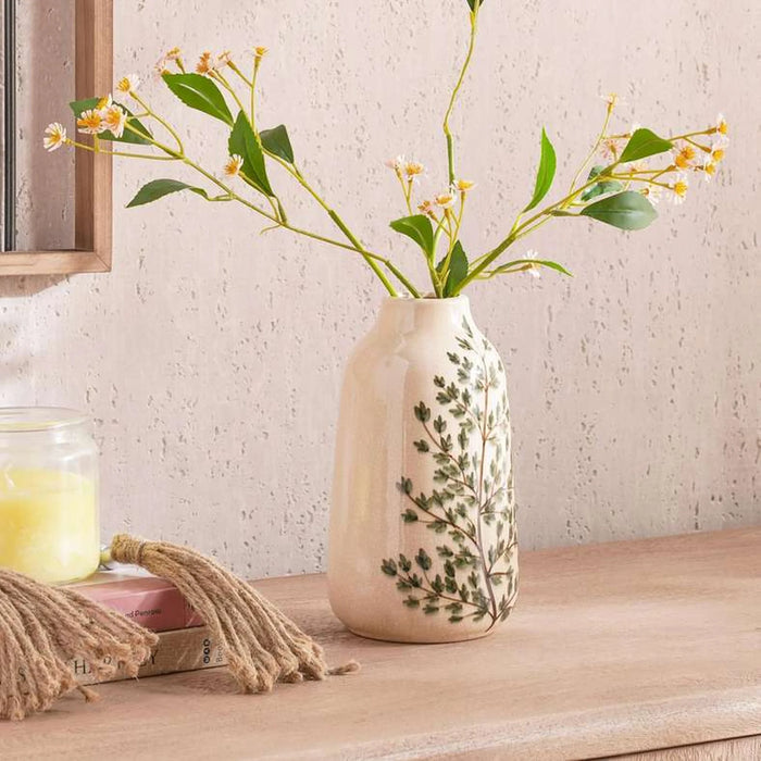 Poplar Stoneware Handpainted Botanic Print Vase 12X12X21Cm - Beige