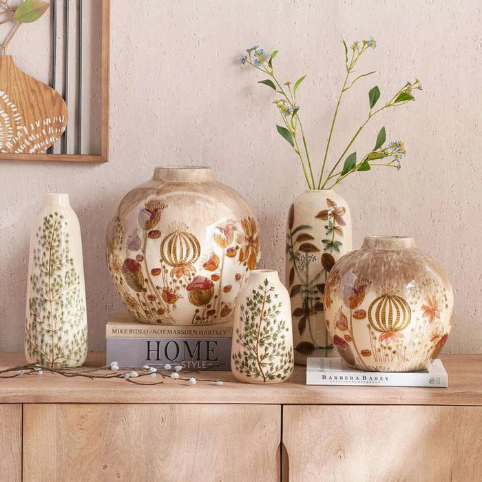 Poplar Stoneware Handpainted Botanic Print Vase 12X12X21Cm - Beige