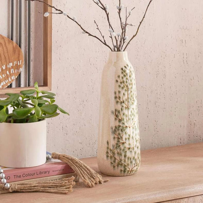 Poplar Stoneware Handpainted Botanic Print Vase 13X13X35Cm - Beige