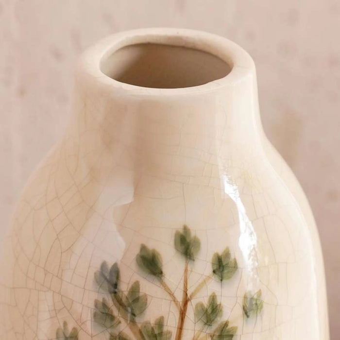 Poplar Stoneware Handpainted Botanic Print Vase 13X13X35Cm - Beige