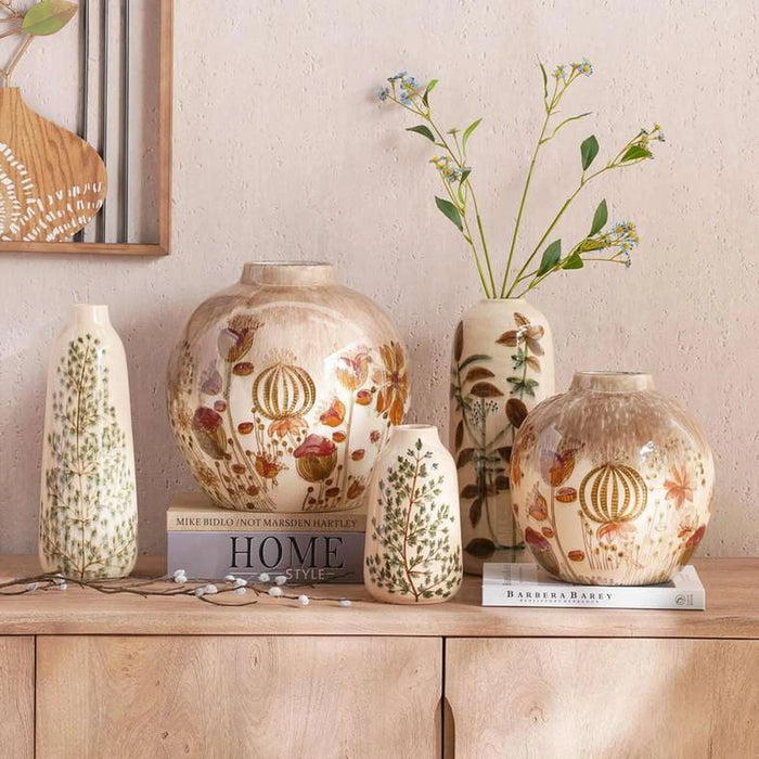 Poplar Stoneware Handpainted Botanic Print Vase 13X13X35Cm - Beige