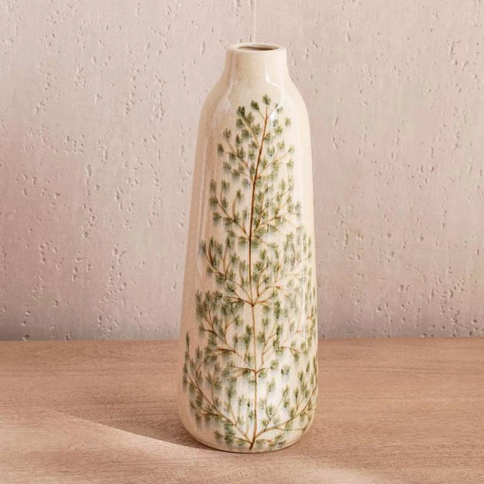 Poplar Stoneware Handpainted Botanic Print Vase 13X13X35Cm - Beige