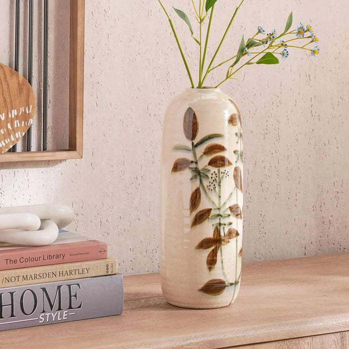 Poplar Stoneware Handpainted Botanic Print Vase 14X14X36Cm -  Beige
