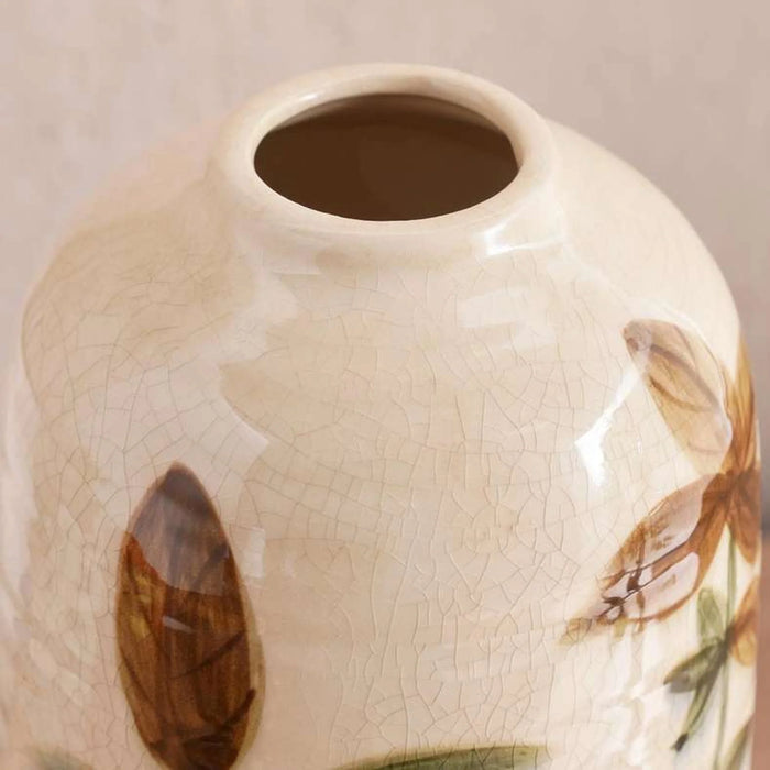 Poplar Stoneware Handpainted Botanic Print Vase 14X14X36Cm -  Beige