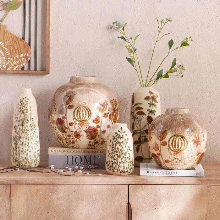 Poplar Stoneware Handpainted Botanic Print Vase 14X14X36Cm -  Beige
