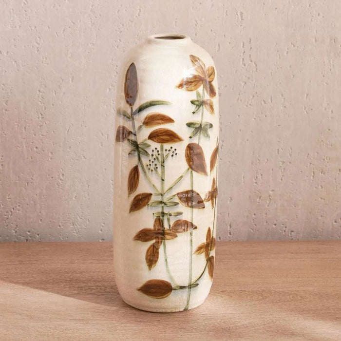 Poplar Stoneware Handpainted Botanic Print Vase 14X14X36Cm -  Beige
