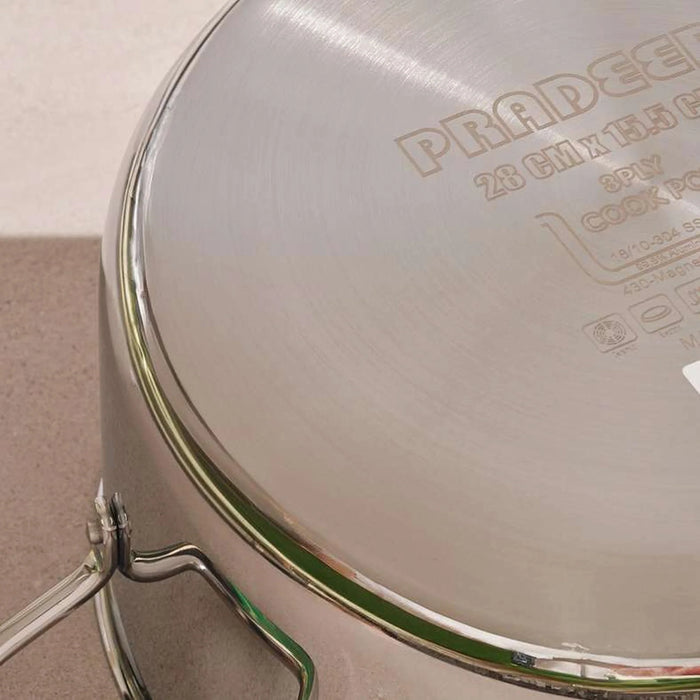 Pradeep Triply Stainless Steel Cooking Pot With Lid Dia28Cm -Chrome