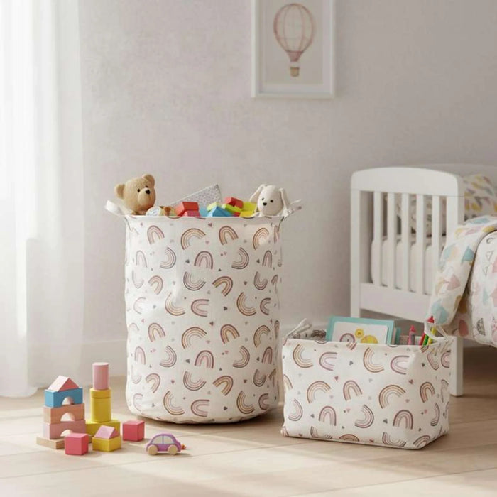 Rainbow Printed Rectangular Storage Basket 36X26X25Cm - White/Pink