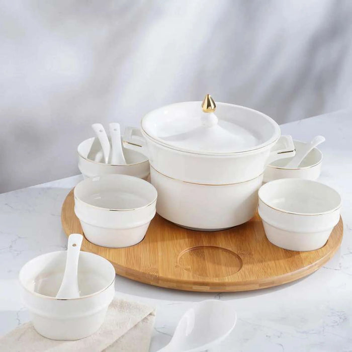 Ralen 15-Piece Soup Set With Bamboo Tray - White