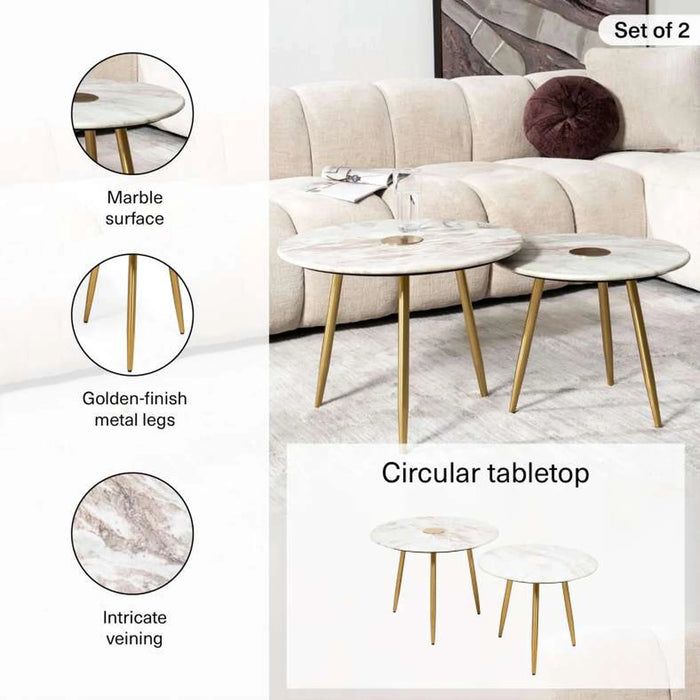 Reva Accent Table Set Of 2 Marble - Natural Gold