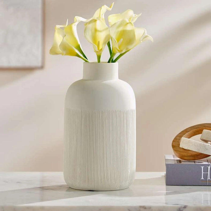 Roa Ceramic Ribbed Decor Vase 14.3X14.3X25Cm - Beige