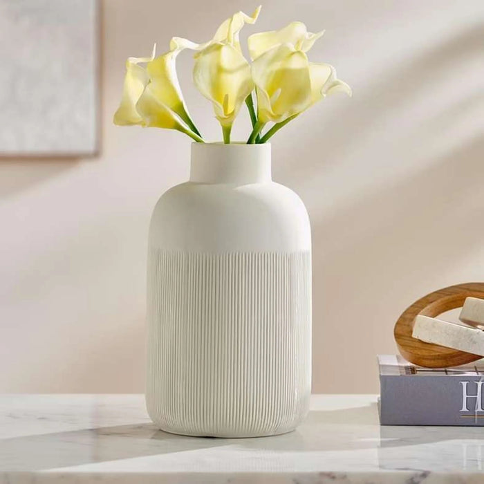 Roa Ceramic Ribbed Decor Vase 14.3X14.3X25Cm - Beige