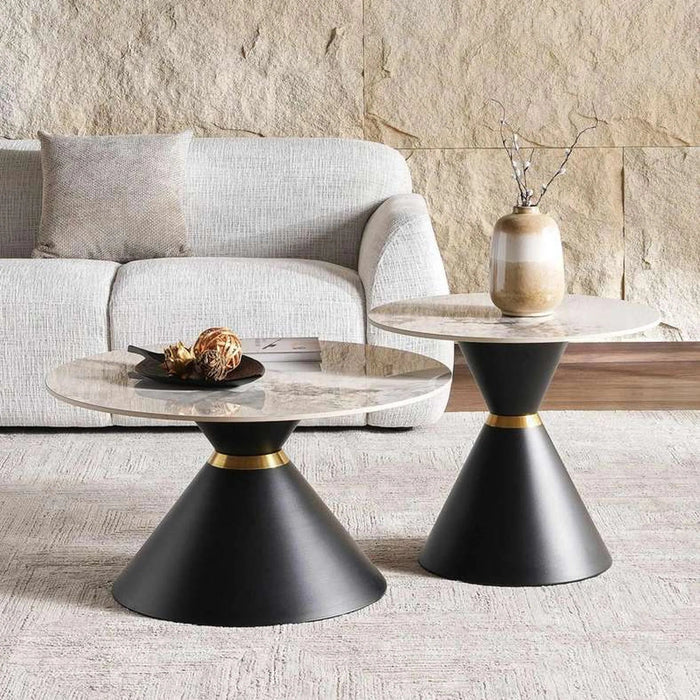 Rocco Set Of 2 Coffe Table Sintered Stone Top Black & White Pan Home