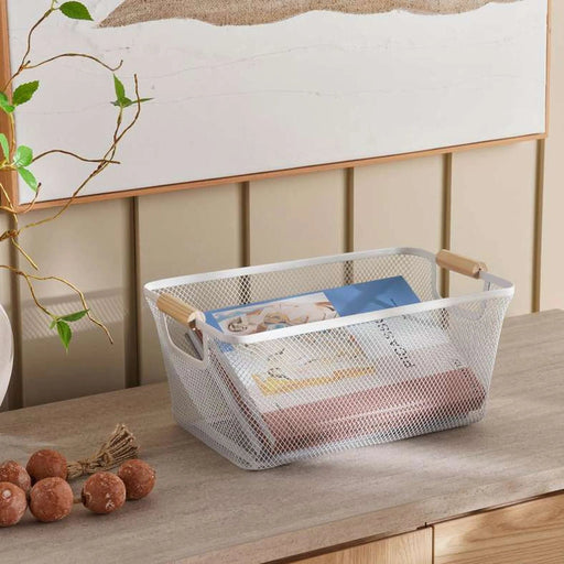 Rosie Storage  Wire Basket With Wooden Handle  37.5X24X16Cm - White Pan Home