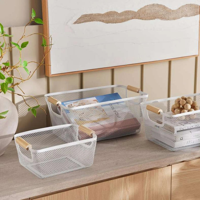 Rosie Storage Wire Basket  With Wooden Handle33.5X22X15Cm - White Pan Home