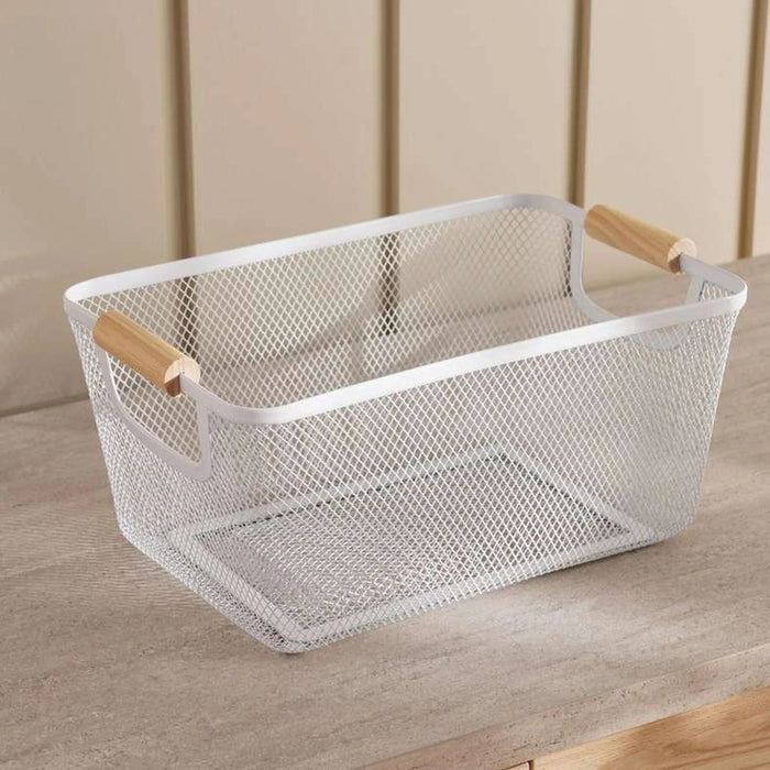 Rosie Storage Wire Basket  With Wooden Handle33.5X22X15Cm - White Pan Home