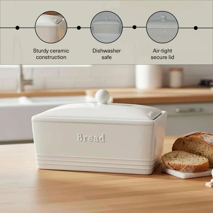 Rovill Ceramic Bread Bin 30.5X18X18cm - White Pan Home